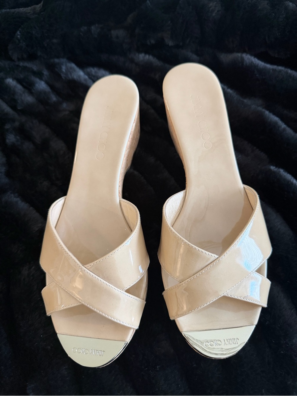 Jimmy Choo Nude Patent Cork Slide Sandals